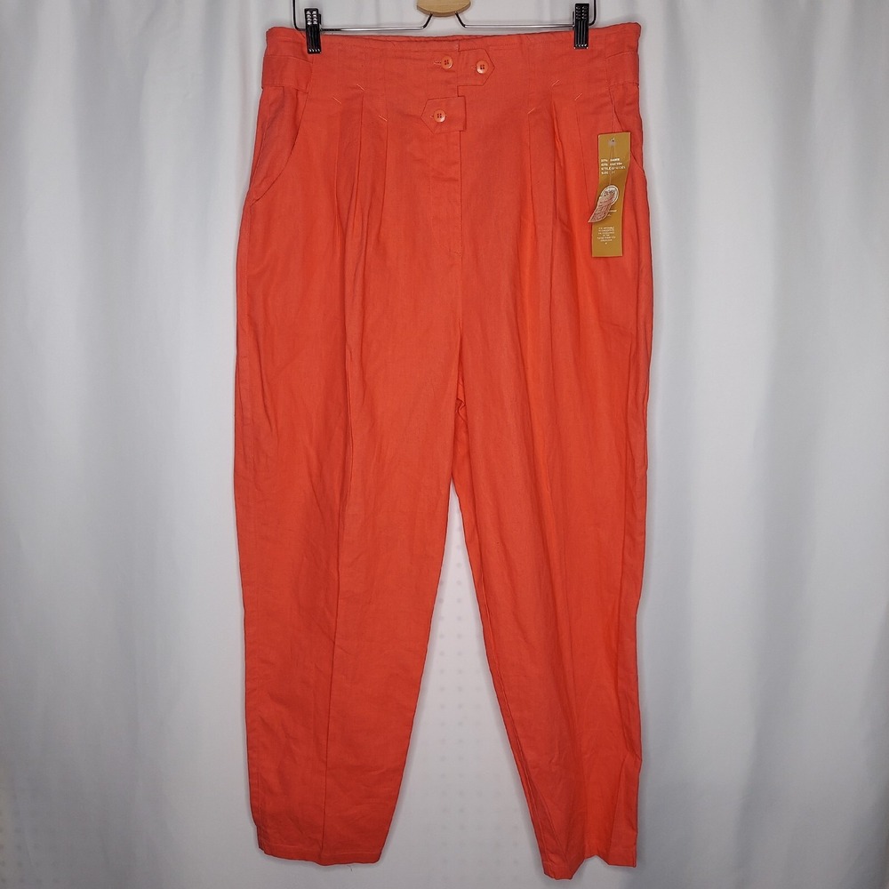 Vintage 80s Hi-Rise Pleated Linen Blend Trousers 22 Women Orange-Red Tapered NOS
